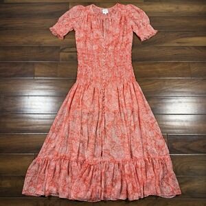 Misa Women's Size Small Coral Floral Chiffon Smocked Maxi Parisa Dress‎